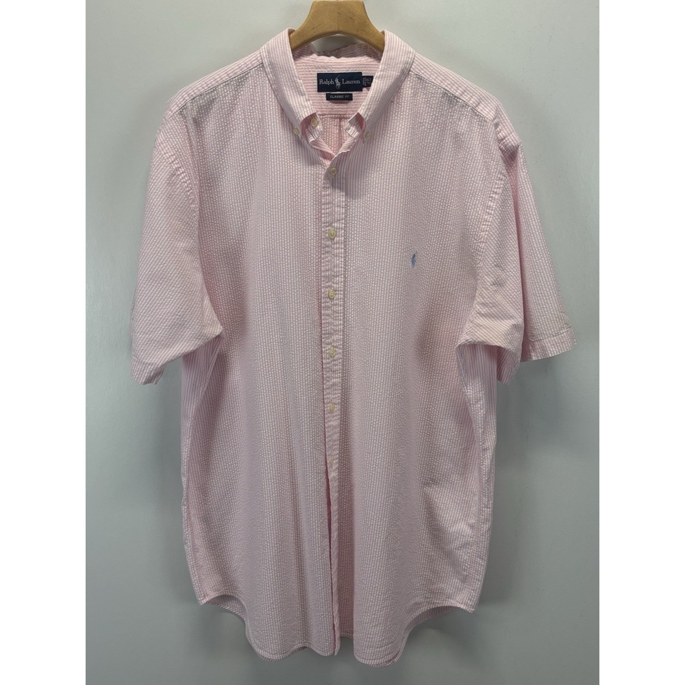 Vtg Polo Ralph Lauren Seersucker Shirt Sz XLT Men's Pink White READ Classic Fit